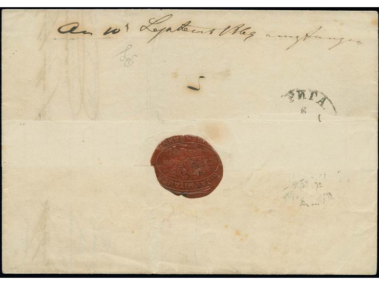 1858, 10 K. siena/hellblau mit Ovalstempel "RIGA - MITAUER EISENBAHN GEPÄCK EXPEDITION MITAU." auf Faltbiefhülle über Römerho