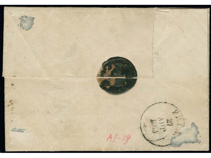 1858, 10 K. siena/hellblau mit L1 "Treppenhof." und handschriftlich zugesetztem Datum "d. 27.4.63" auf Faltbrief nach Riga, e