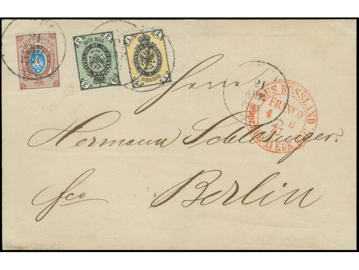 1866, 3 K. mit falschem Unterdruck mit Zufrankatur mit Stempel "RIGA 21 31 APR" auf Faltbriefhülle nach Berlin, links neben 3