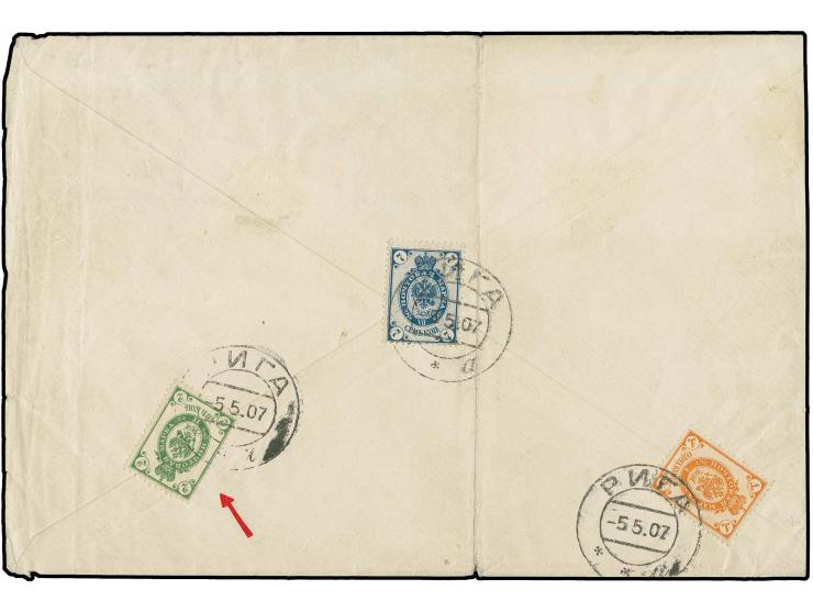 1889, 2 K. grün mit fehlendem Unterdruck mit Zufrankatur mit Stempel "RIGA -5.5.07" rückseitig auf eingeschriebenem Ortsbrief