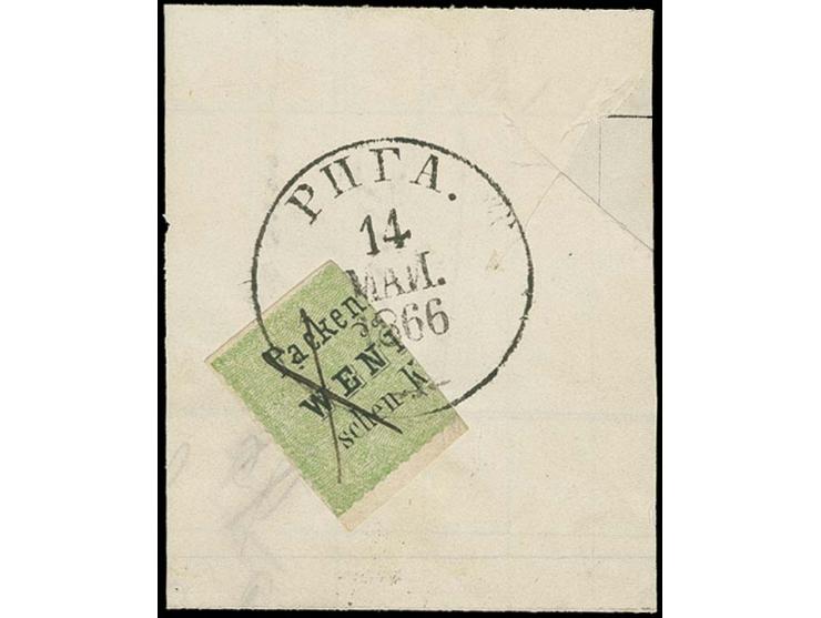 1866, 4 K. gelblichgrün/schwarz mit kopfstehendem Unterdruck, senkrecht halbiert, mit Federzug und Ankunftsstempel "RIGA 14 M