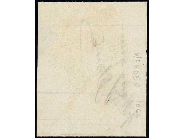 1866, 4 K. gelblichgrün/schwarz mit kopfstehendem Unterdruck, senkrecht halbiert, mit Federzug und Ankunftsstempel "RIGA 14 M
