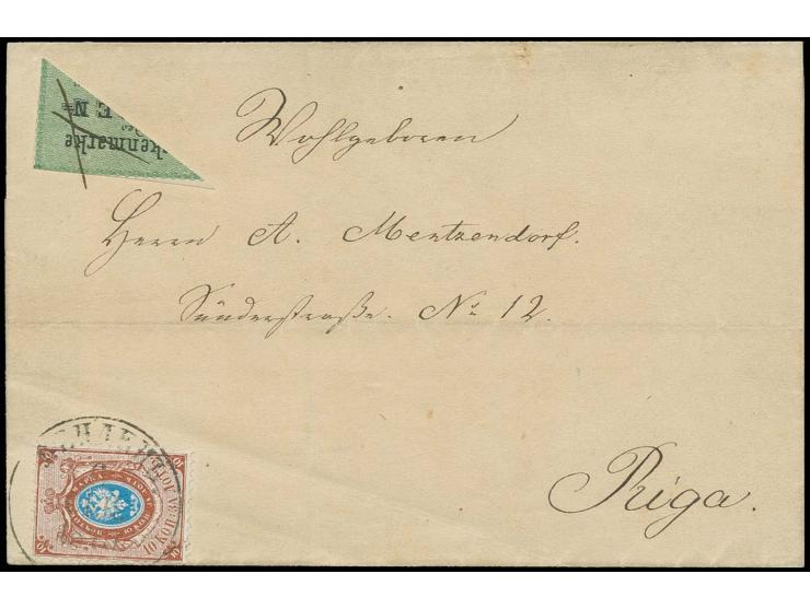4 K. blaugrün/schwarz, diagonal halbiert mit Federzug in Kombination mit Russland 1858, 10 K. siena/hellblau mit Stempel "WEN