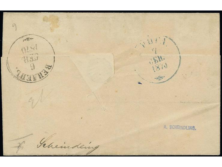4 K. blaugrün/schwarz, diagonal halbiert mit Federzug in Kombination mit Russland 1858, 10 K. siena/hellblau mit Stempel "WEN