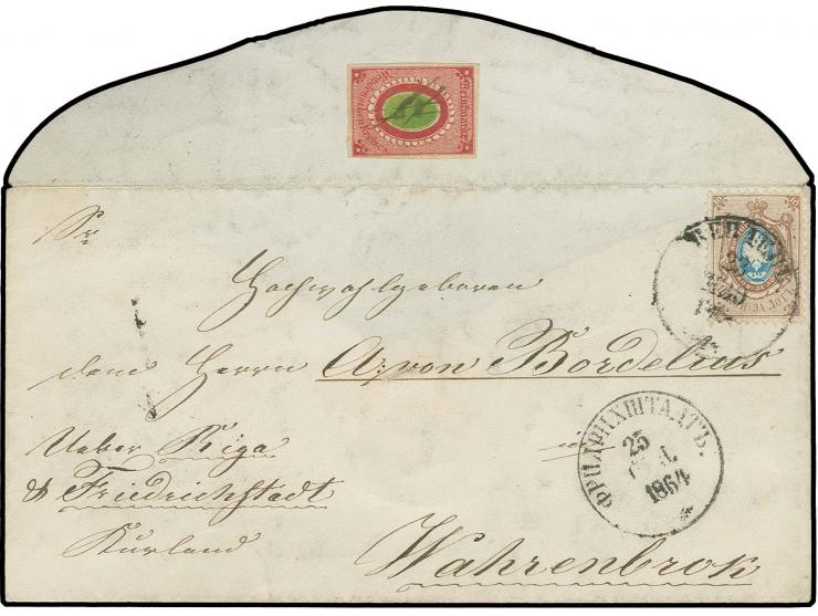 1863, Grünes Oval mit feiner grüner Einfassungslinie 2 K. rot/grün rückseitig auf Klappe mit Federzug entwertet, in Kombinati