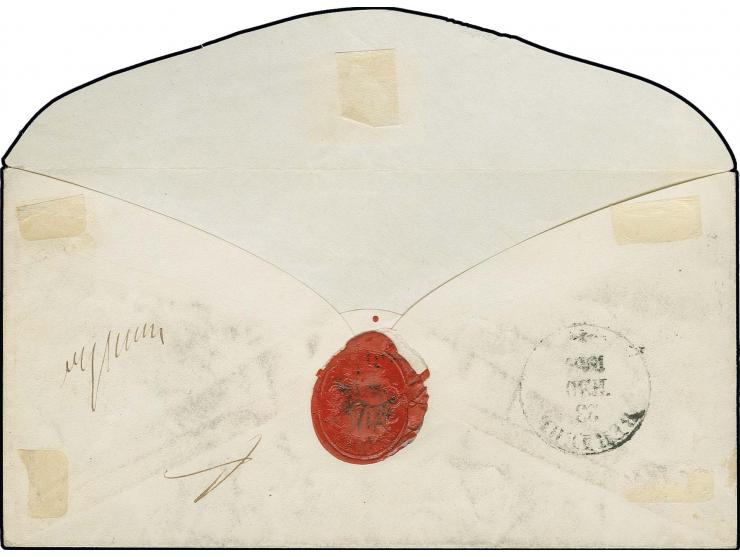 1863, Grünes Oval mit feiner grüner Einfassungslinie 2 K. rot/grün rückseitig auf Klappe mit Federzug entwertet, in Kombinati