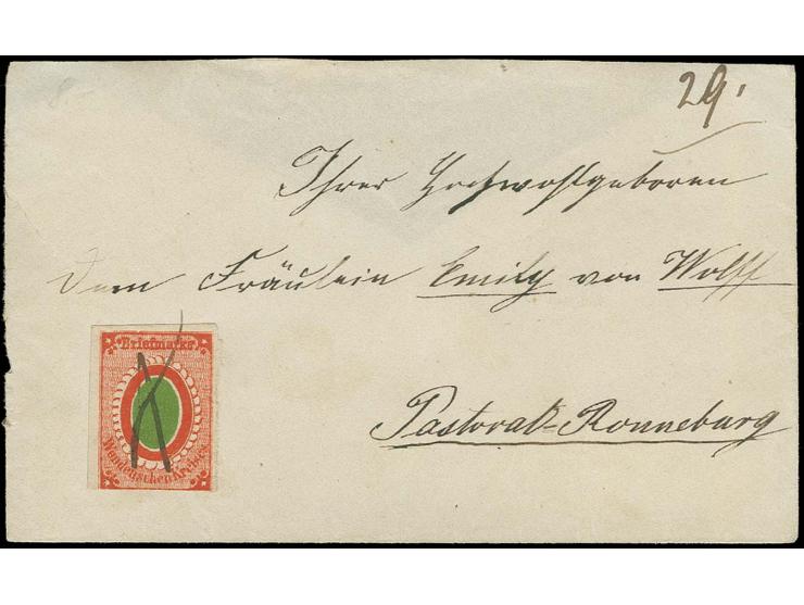 1866, Grünes Oval ohne Einfassungslinie 2 K. grün/rot dreiseitig voll- und lupenrandig mit Federzug auf kleinem Briefchen an 