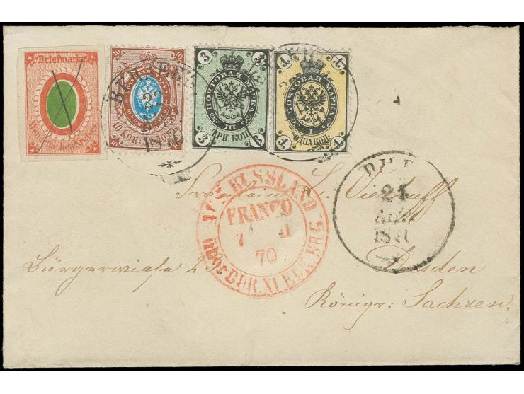 1866, 2 K. rot/grün, farbfrisch und allseits breitrandig mit Federzug in Kombination mit Russland 1866, 1,3 und 10 K. auf Bri