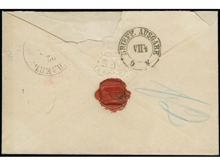1866, 2 K. rot/grün, farbfrisch und allseits breitrandig mit Federzug in Kombination mit Russland 1866, 1,3 und 10 K. auf Bri