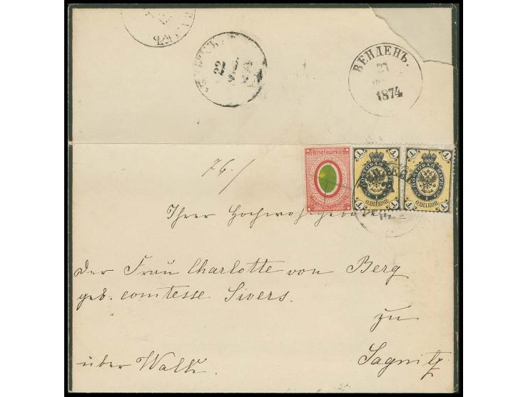1871, 2 K. rot/grün mit Federzug und Stempel in Kombination mit zwei Werten Russland 1866, 1 K. schwarz/gelb auf Trauer-Druck