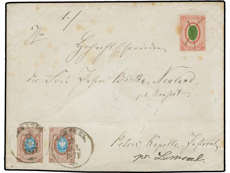 1871, 2 K. rot/grün mit Federzug, in Kombination mit zwei Werten Russland 1866, 10 K. siena/blau auf doppelt gewichtigem Umsc