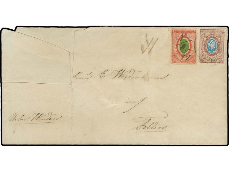 1871, Grünes Oval ohne grüne Einfassungslinie 2 K. rot/grün mit Federzug und Stempel in Kombination mit Russland 1866, 10 K. 