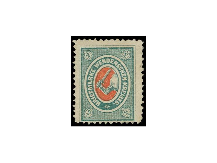 1875, Kreiswappen von Wenden 2 K. grün/rot, mit Plattenfehler "beschädigte 2 oben rechts", ungebraucht ohne Gummi, rechts etw