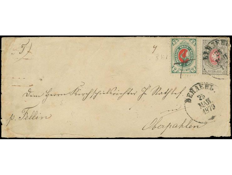 1878, Kreiswappen von Wenden 2 K. grün/rot mit Federzug, in Kombination mit Russland 1875, 8 K. grau/karmin mit Stempel "WEND