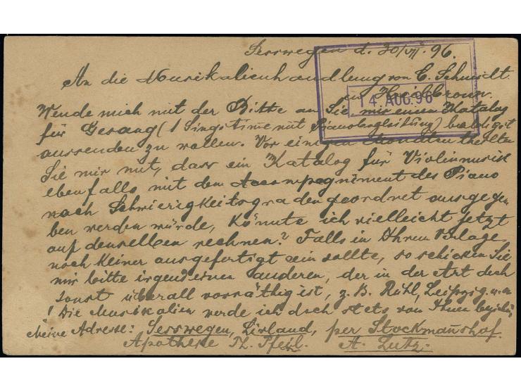 2 K. grauschwarz/rot/grün mit altem Stempel der Poststation "SESSWEGEN" als Zufrankatur auf Russland Ganzsachenkarte 3 K. mit