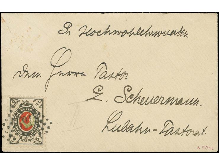 1884, Kreiswappen von Wenden 2 K. schwarzgrau/rot/grün mit klarem Punktnummernstempel "691" STOCKMANNSHOF auf kleinem Umschla