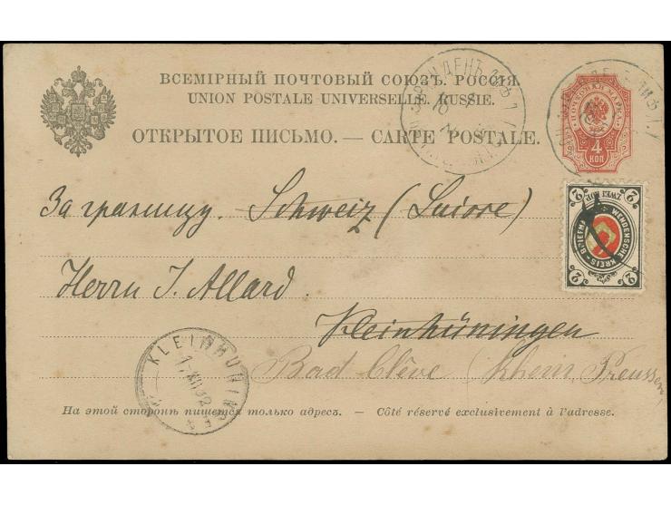2 K. schwarzgrau/rot/grün als Zufrankatur auf Russland Ganzsachenkarte 4 K. nach Kleinhüningen/Schweiz, dort nachgesandt nach