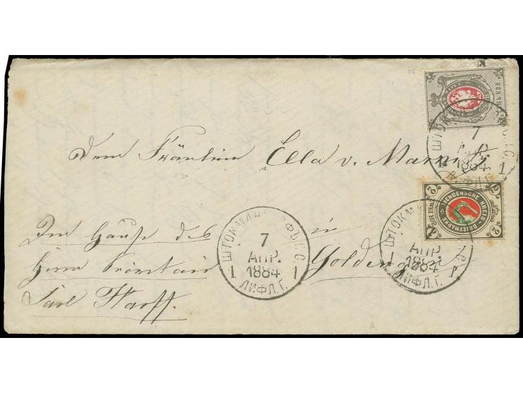 2 K. schwarzgrau/rot/grün in Kombination mit Russland 1875, 7 K. grau/karmin mit Stempel "STOCKMANNSHOF 7 APR 1884" auf Umsch