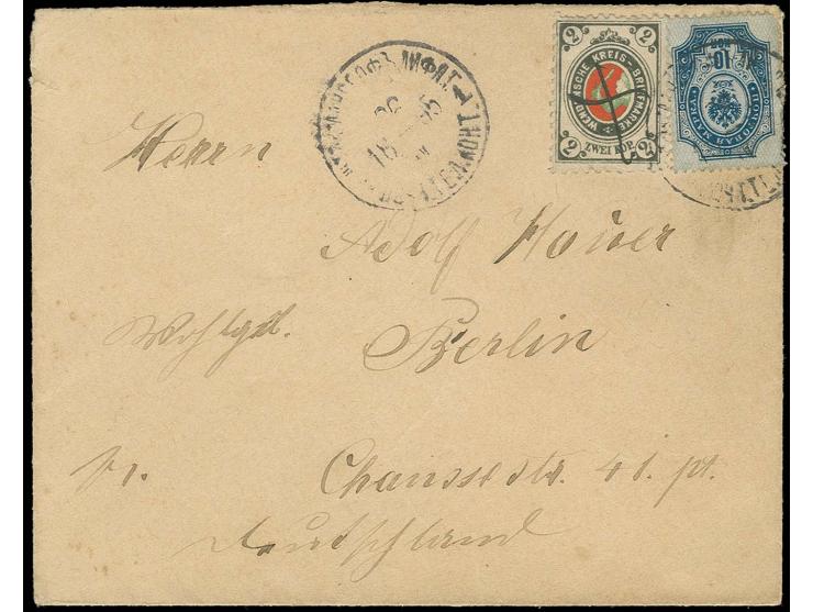 2 K. schwarzgrau/rot/grün mit Federzug, in Kombination mit Russland 1889, 10 K. blau mit Stempel "STOCKMANNSHOF 26.IV.95" auf