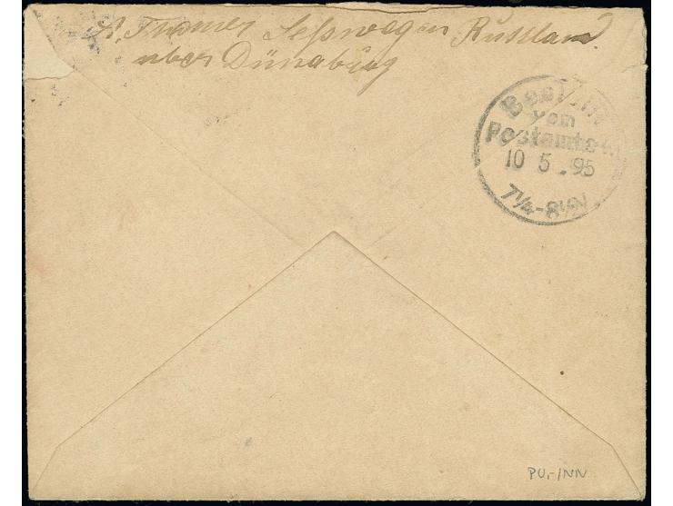 2 K. schwarzgrau/rot/grün mit Federzug, in Kombination mit Russland 1889, 10 K. blau mit Stempel "STOCKMANNSHOF 26.IV.95" auf