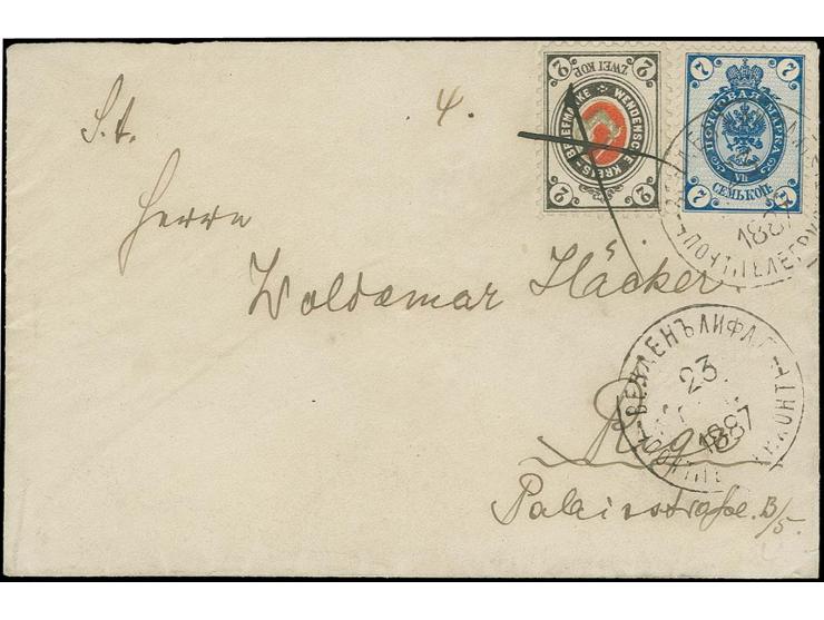 2 K. schwarzgrau/rot/grün mit Federzug, in Kombination mit Russland 1884, 7 K. blau mit Stempel "WENDEN 23 OKT 1887" auf klei