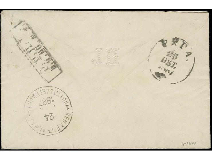 2 K. schwarzgrau/rot/grün mit Federzug, in Kombination mit Russland 1884, 7 K. blau mit Stempel "WENDEN 23 OKT 1887" auf klei