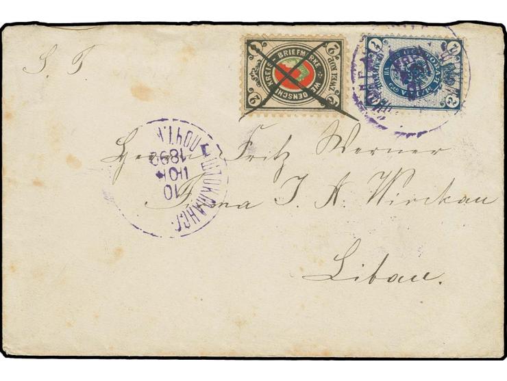 2 K. schwarzgrau/rot/grün mit Federzug, in Kombination mit Russland 1889, 7 K. blau mit Stempel "STOCKMANNSHOF 10 JUL 1890" a