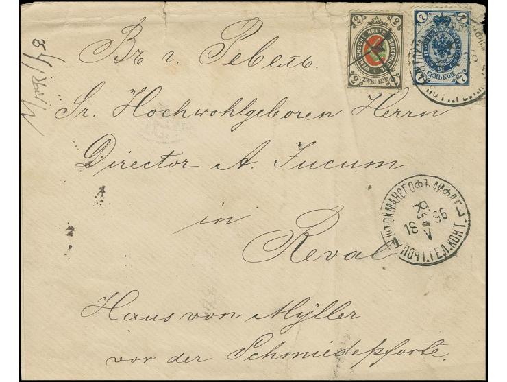 2 K. schwarzgrau/rot/grün mit Federzug, in Kombination mit Russland 1889, 7 K. dunkelblau mit Stempel "STOCKMANNSHOF 29.V.96 