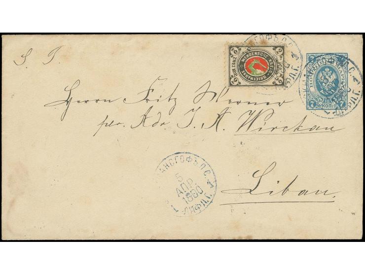 2 K. schwarzgrau/rot/grün mit blauem Stempel "STOCKMANNSHOF 5 JUN 1890" als Zufrankatur auf Russland 1883 Ganzsachenumschlag 