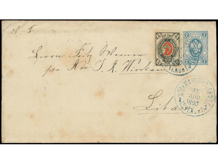 2 K. schwarzgrau/rot/grün mit blauem Stempel "STOCKMANNSHOF POST KONT. 15 APR 1890" auf Russland 1883, Ganzsachenumschlag 7 K