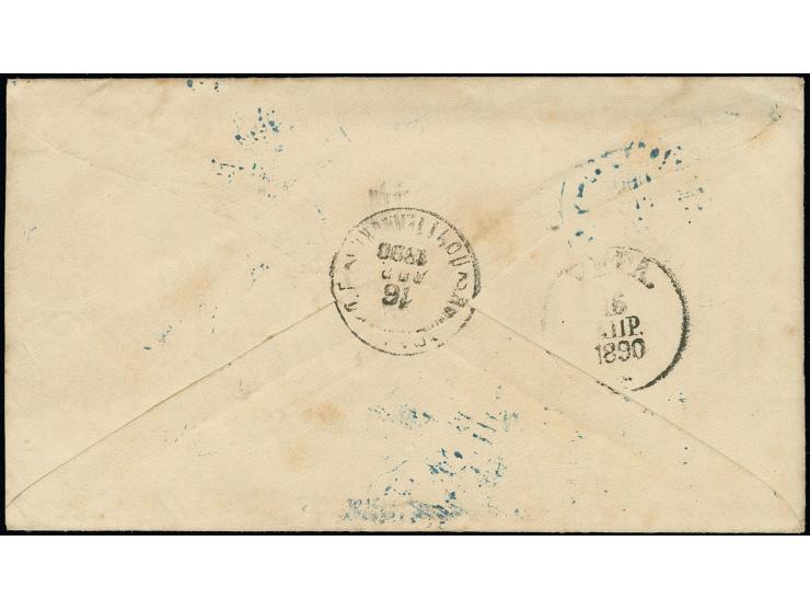 2 K. schwarzgrau/rot/grün mit blauem Stempel "STOCKMANNSHOF POST KONT. 15 APR 1890" auf Russland 1883, Ganzsachenumschlag 7 K