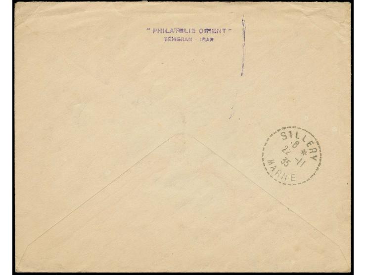 Overprint on coronation issue 2 t. used on registered envelope from "TEHERAN 2.XI.35" to France with arrival mark, scarce