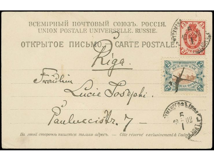 1901, Ruine Wenden 2 K. schiefergrün/braun mit Federzug, in Kombination mit Russland 1889, 3 K. rot mit Stempel "STOCKMANNSHO
