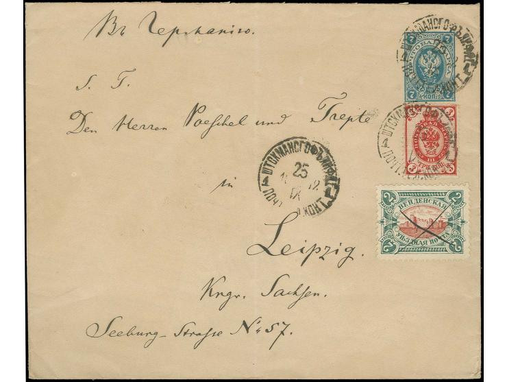 1901, Ruine Wenden 2 K. schiefergrün/rotbraun mit Federzug auf Russland 1889, Ganzsachenumschlag 7 K. blau mit Zufrankatur 3 