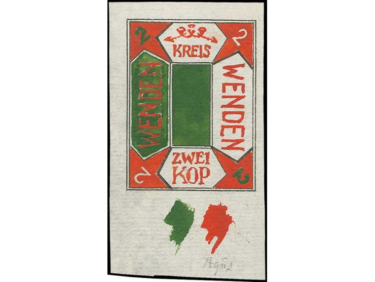 Handgemalter Entwurf auf waagerecht geripptem Papier (42X74mm), 2 K. rot/grün, links und rechts mit der Bezeichnung "WENDEN",