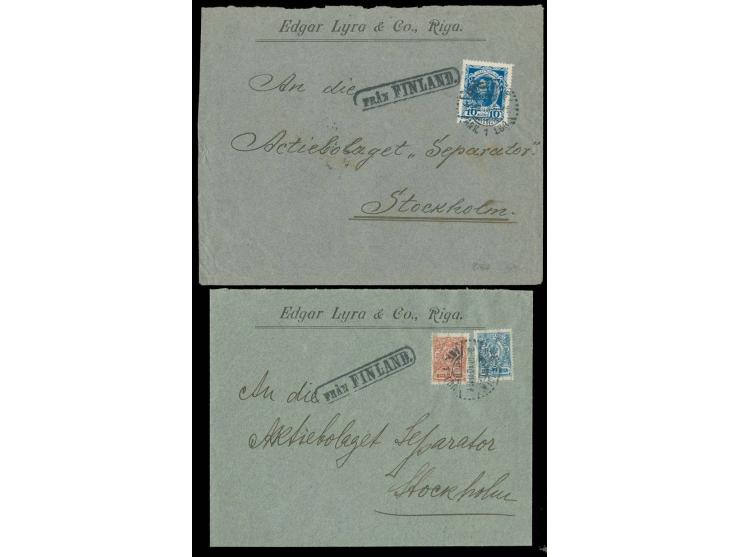"FRAN FINLAND." je nebengesetzt auf zwei, bei Ankunft in Stockholm entwerteten Vordruckbriefen der Firma "Edgar Lyra & Co., R