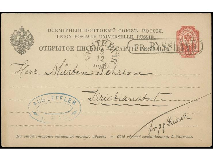 1887, "FR:RYSSLAND", Ra2 als Entwerter auf Russland Ganzsachenkarte 4 K. mit Absender-Stempel aus Libau und EKr. "VESTERVIK 7
