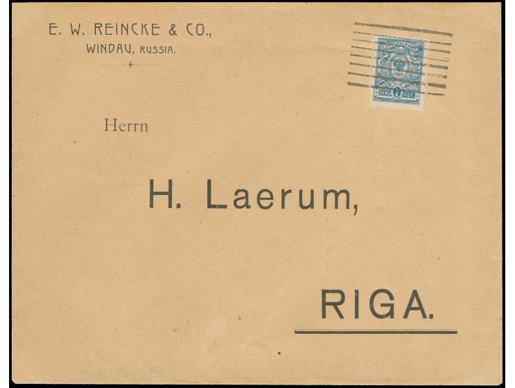 WINDAU: 8 Linienstempel auf 7 K. hellblau auf Vordruckbrief nach Riga, rückseitig mit Zensurstempel, gute Erhaltung (H.v.H. S