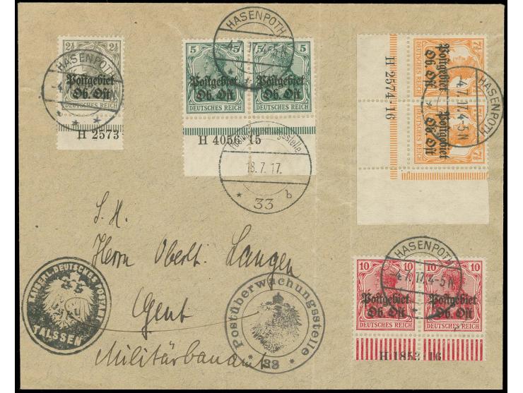 5-10 Pfg. je als waagerechtes Unterrandpaar mit Aufdruck-HAN mit Zufrankatur mit Teil-HAN mit Stempel "HASENPOTH -4.7.17" auf