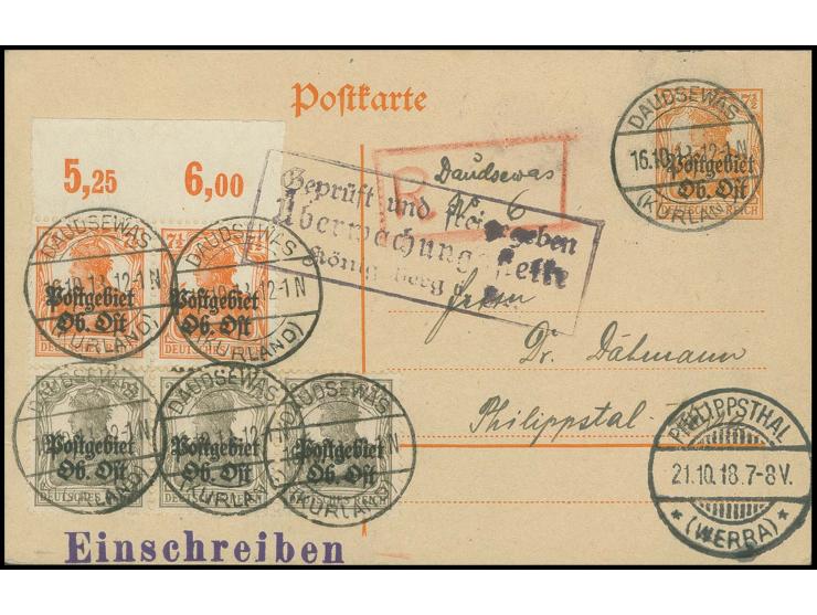 "DAUDSEWAS (KURLAND) 16.10.18" mehrfach klar auf eingeschriebener Ganzsachenkarte 7½ Pfg. mit Zufrankatur nach Philippsthal, 
