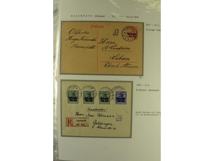 1916/19, über 50 Briefe und Karten, dabei verschiedene Stempel von BAUSK bis WOLMAR, R-Briefe, Zensuren, Ganzsachen sowie ein