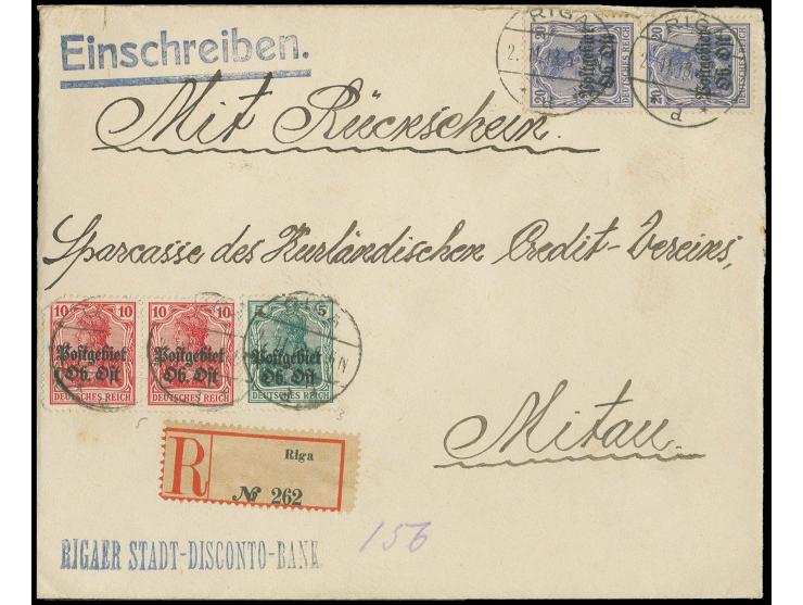 5 Pfg. grün mit Zufrankatur mit Stempel "RIGA 2.11.18" auf R-Brief mit Rückschein nach Mitau, rückseitig Zensurstempel "Inhal