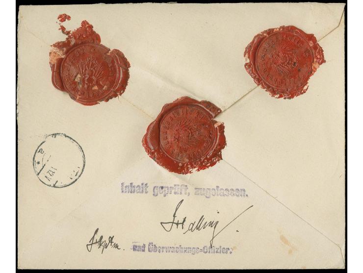 5 Pfg. grün mit Zufrankatur mit Stempel "RIGA 2.11.18" auf R-Brief mit Rückschein nach Mitau, rückseitig Zensurstempel "Inhal
