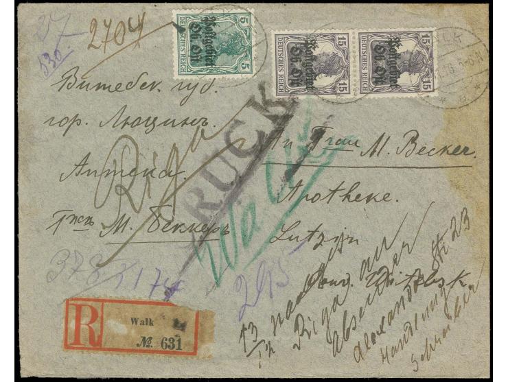1916, 5 Pfg. grün und senkrechtes Paar 15 Pfg. violett mit Stempel "WALK 18.11.18" auf R-Brief nach Lutzin, dort der Empfänge