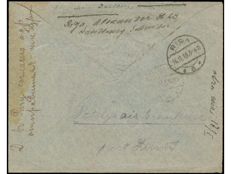 1916, 5 Pfg. grün und senkrechtes Paar 15 Pfg. violett mit Stempel "WALK 18.11.18" auf R-Brief nach Lutzin, dort der Empfänge