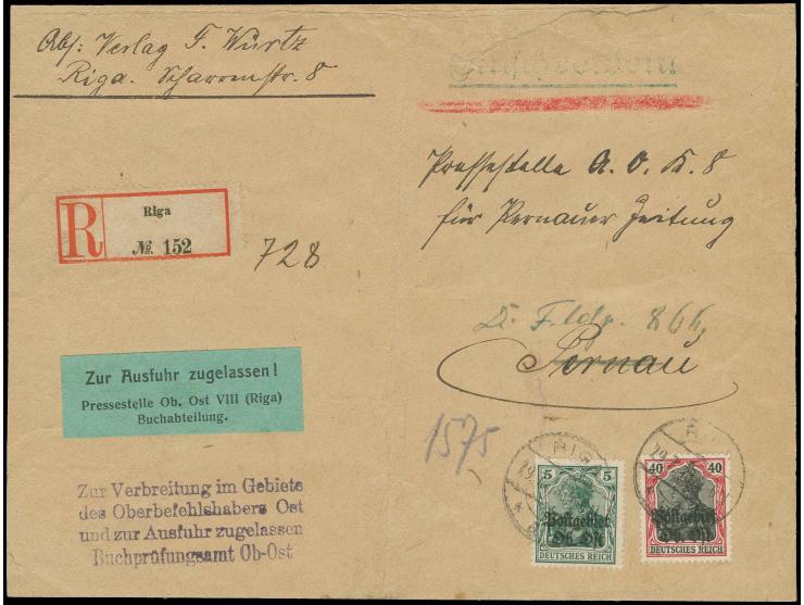 "Zur Ausfuhr zugelassen! Pressestelle Ob. Ost VIII (Riga) Buchabteilung" grüner Freigabezettel mit nebengesetztem L4 "Zur Ver