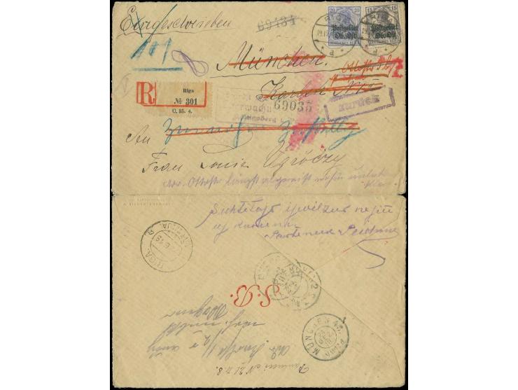 ZURÜCK: "Zurück" violetter Ra1 auf mehrfach nachgesandtem mit Aufdruckausgabe 15 und 20 Pfg. frankiertem R-Brief "RIGA 19.12.