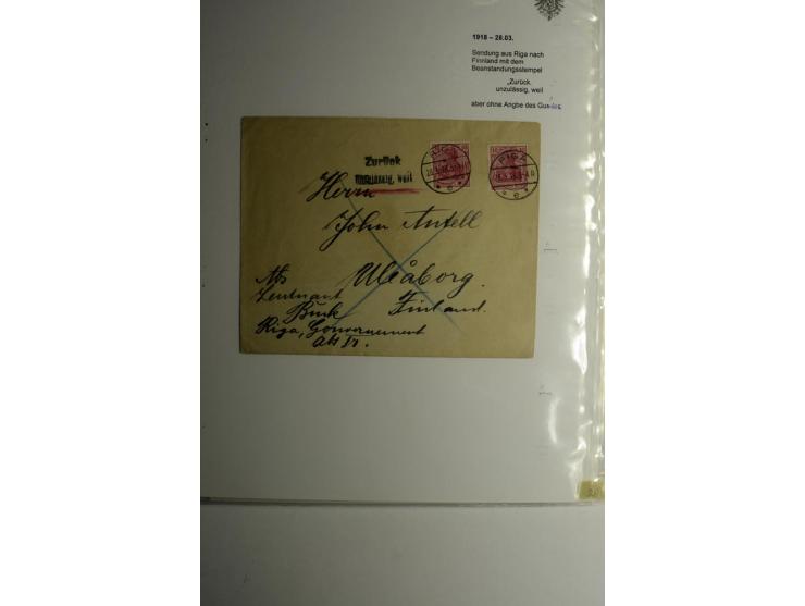 ZENSUR: Postüberwachungsstelle Riga, 8 Briefe und Karten, dabei Zensuren H.v.H Nr. R1-5, dazu 3 Briefe mit Beanstandungsstemp