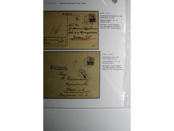 ZENSUR: Postüberwachungsstelle Riga, 8 Briefe und Karten, dabei Zensuren H.v.H Nr. R1-5, dazu 3 Briefe mit Beanstandungsstemp