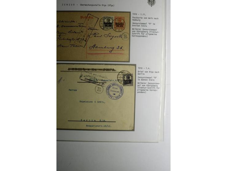 ZENSUR: Postüberwachungsstelle Riga, 8 Briefe und Karten, dabei Zensuren H.v.H Nr. R1-5, dazu 3 Briefe mit Beanstandungsstemp